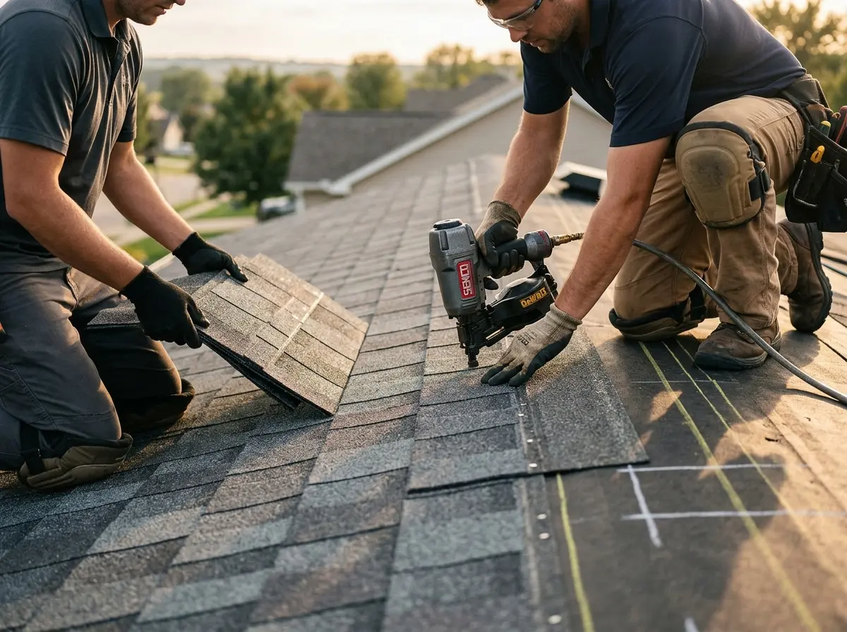Professional roofer working on a residential roof in Hondo